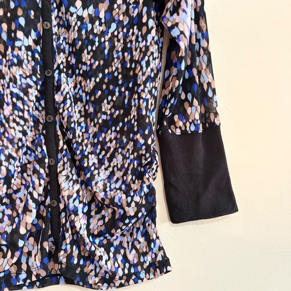 Mexx Mesh Black Blue & Lilac Pattern 3/4 Sleeve Ruched Button Up Blouse - Picture 7 of 14